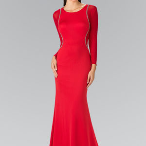 NEW RED - Sheer Sleeves Scoop Neck Long Dress GL2284